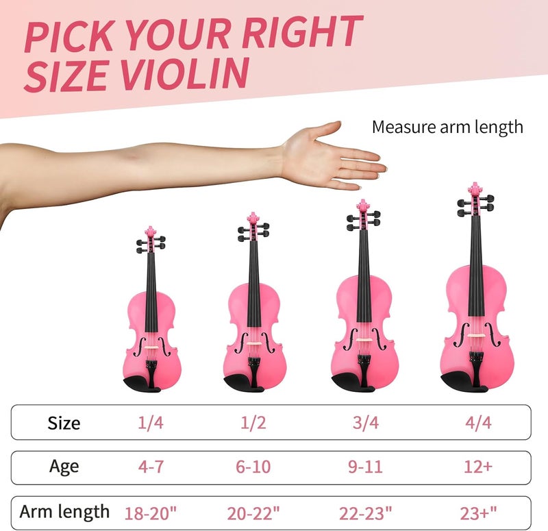 Kcelarec Acoustic Violin, Solid Wood Fiddle with Bow Case Rosin, Stringed Musical Instrument Violin for Beginner (1/8, Pink) - Image 3